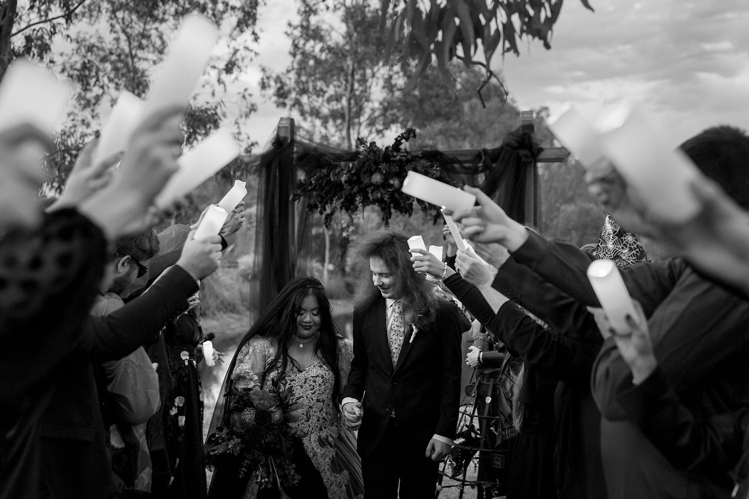 Kat and Alex's Lake Eppalock Halloween Wedding captured in B + W  by Jason Robins, 2025 NZIPP Australian Wedding Photographer of the Year.