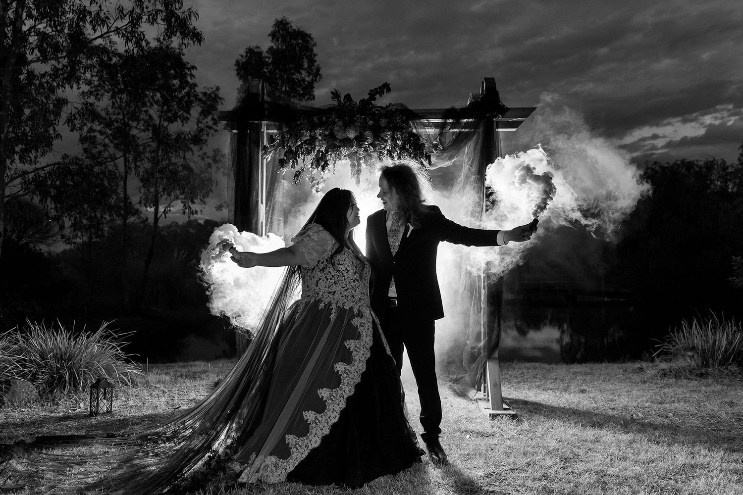 Kat and Alex's Lake Eppalock Halloween Wedding captured in B + W  by Jason Robins, 2025 NZIPP Australian Wedding Photographer of the Year.
