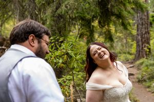 Bride laughing at groom on their way to their elopement in Oregon, Oregon elopement photographer.