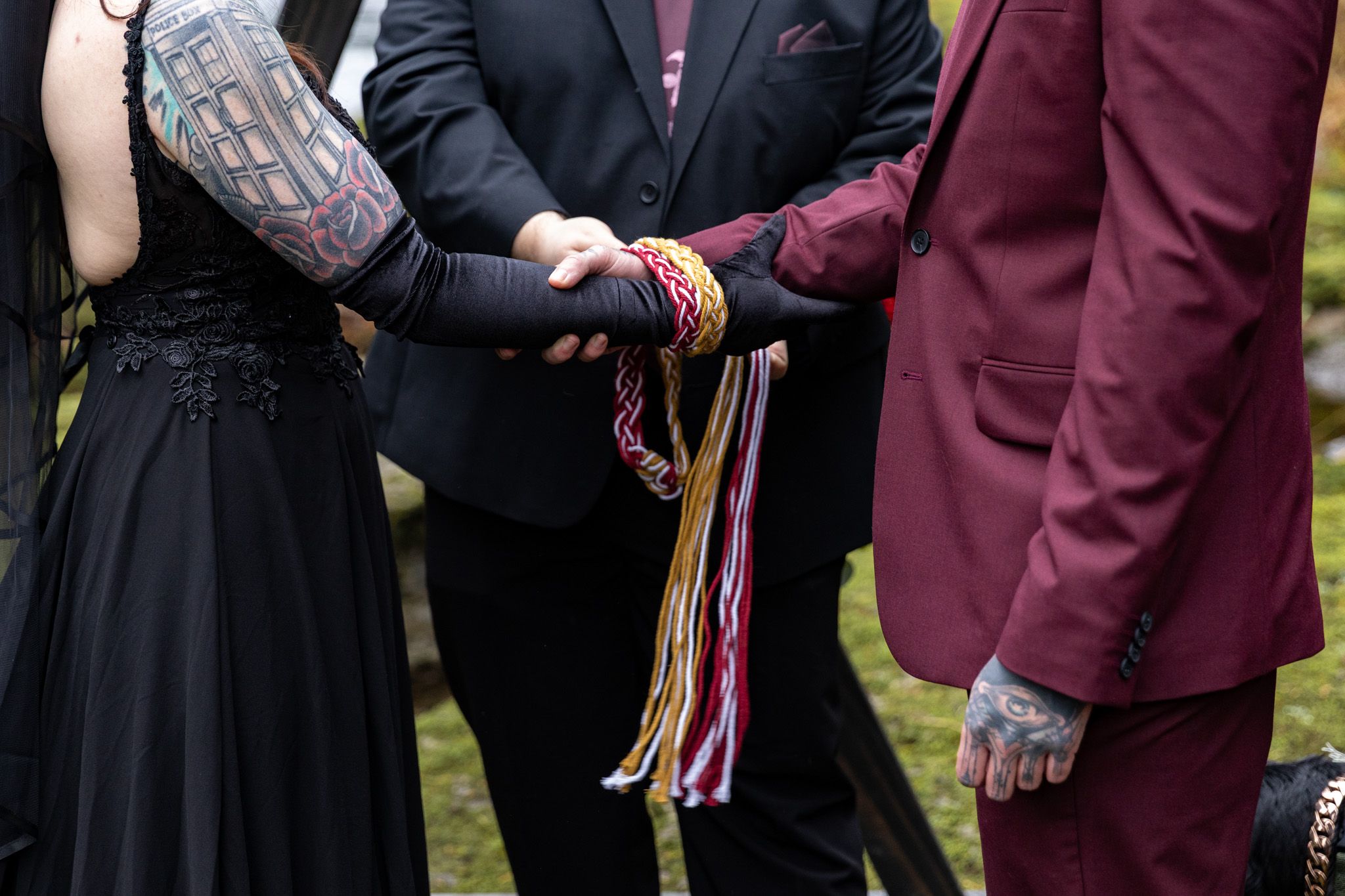 Bride and groom tyin the knot at their East Fork Lewis River Elopement in Battleground Washington. PNW Elopement Photographer.