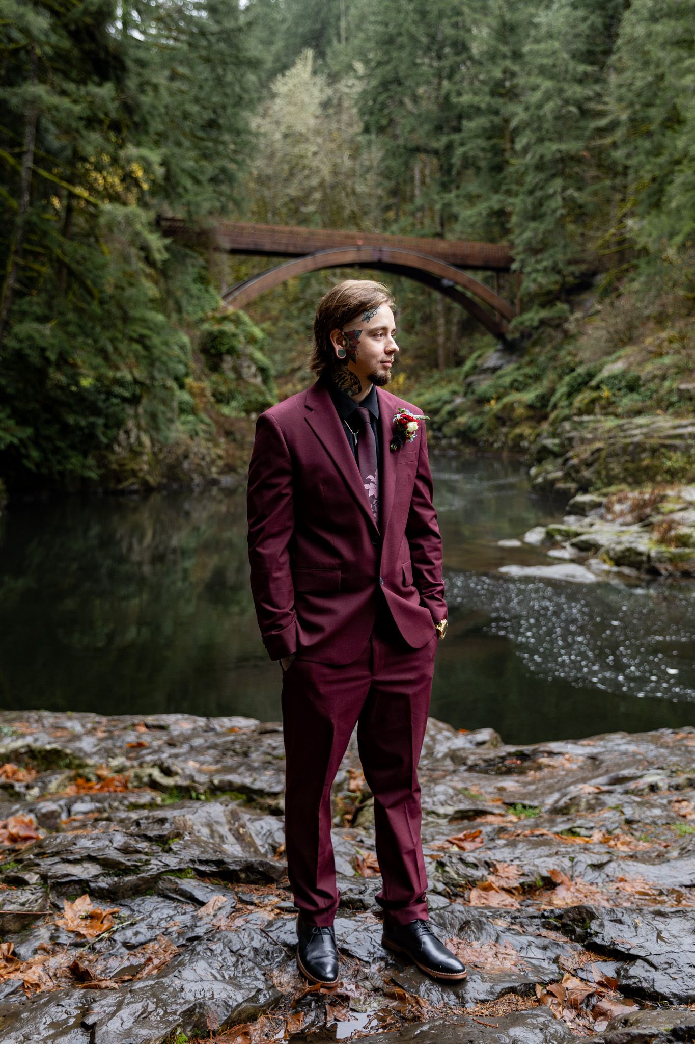 Groom awaiting his bride for their private vows at Moulton Falls in Washington State. PNW Elopement Photographer.