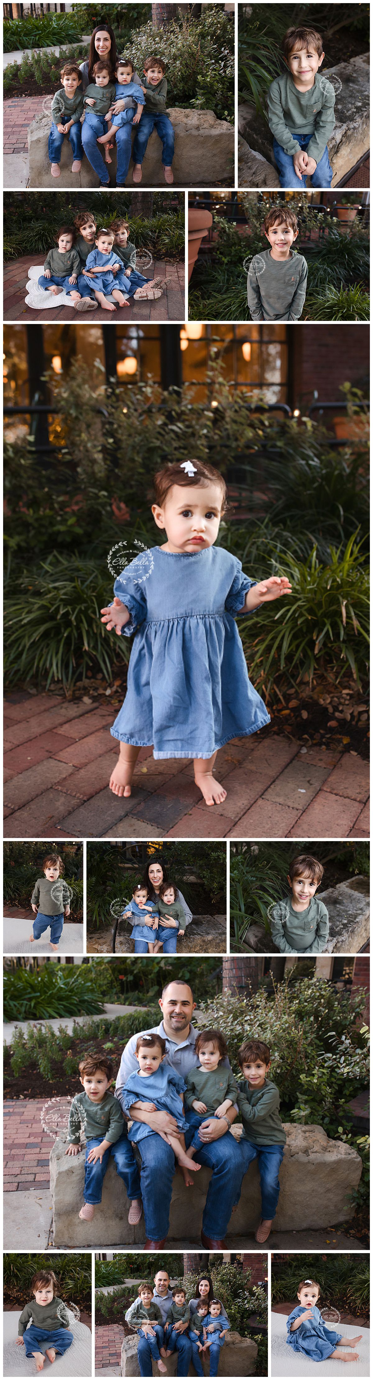 A series of casual outdoor family photos taken on brick steps with people wearing coordinating blue and white outfits.