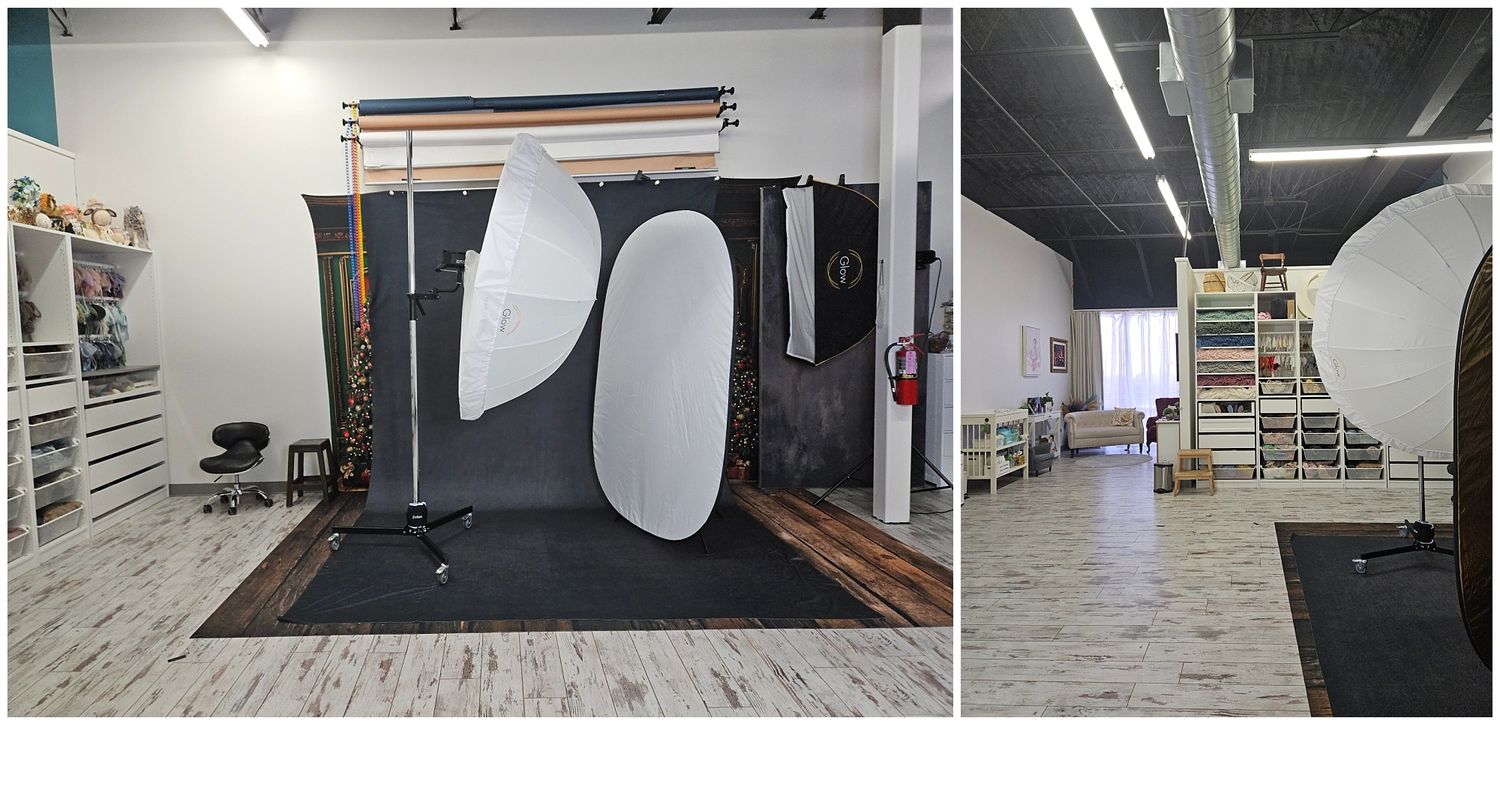 2 Image collage.  Showcasing the photography space of Valerie Kay Photography Studio.  Storage shelves and shooting bay with backdrops.