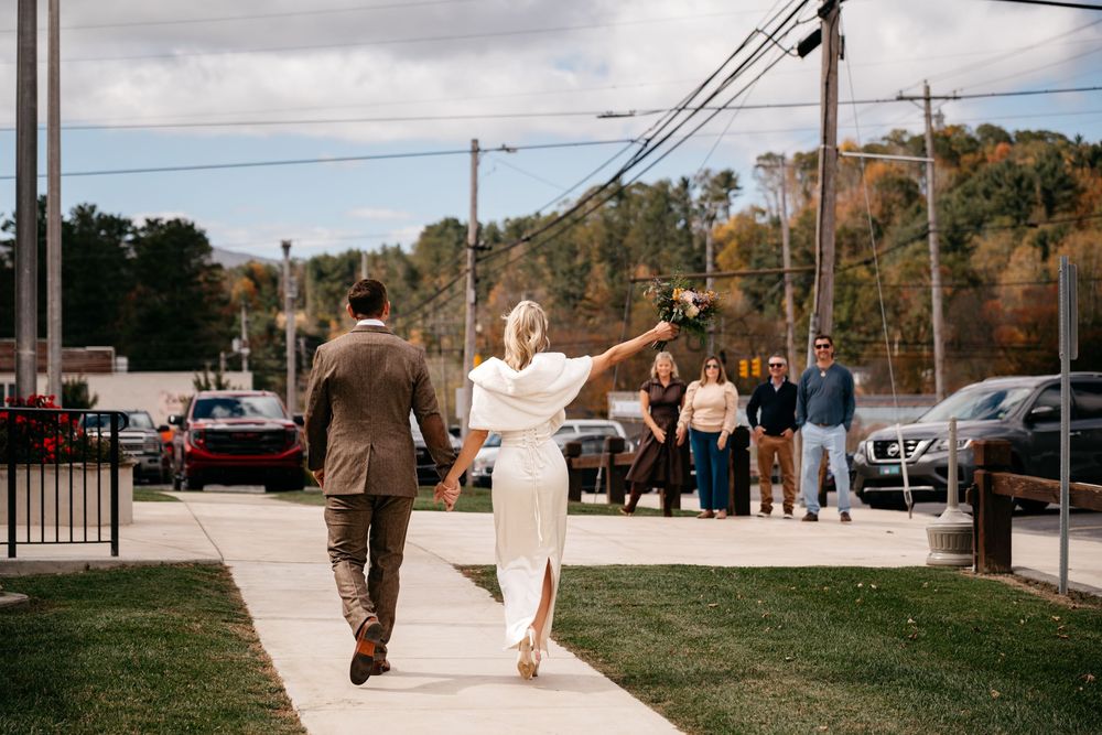 A series of vintage-style photographs showing people in white dresses and suits dancing and celebrating outdoors.