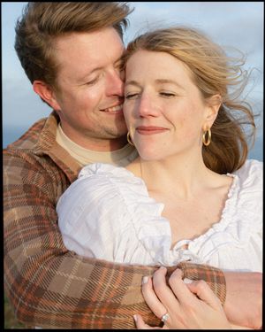 Close-up series of tender moments between a couple against a soft blue sky background.