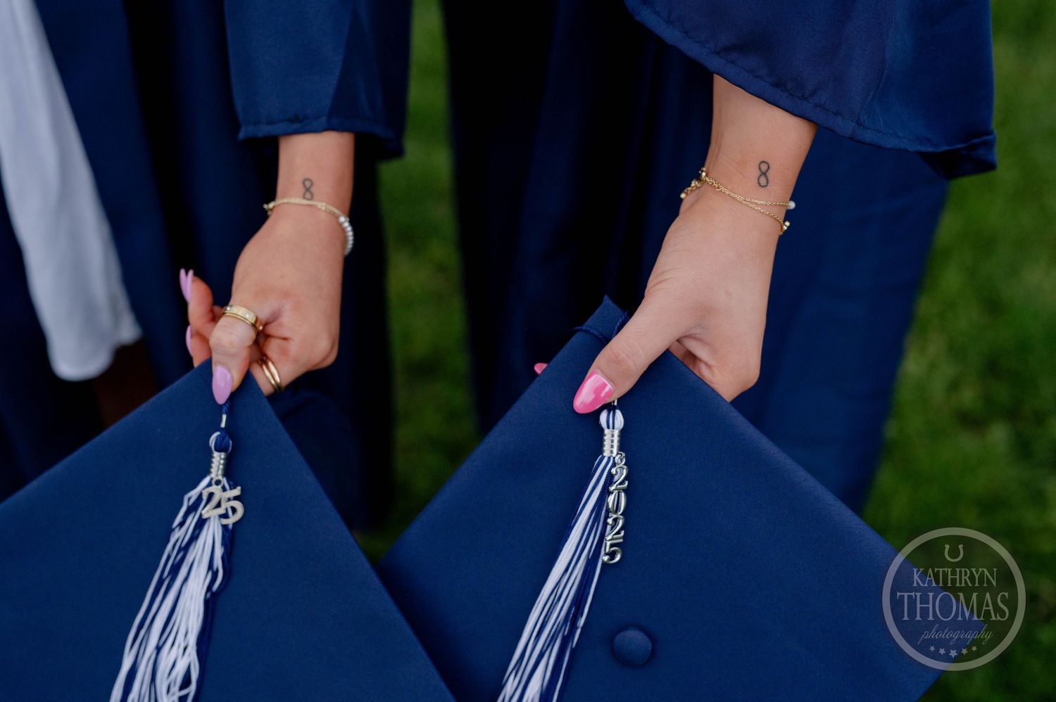 Close-up detail shots showing bridesmaid hands holding blue and silver satin ribbon bouquet wraps.