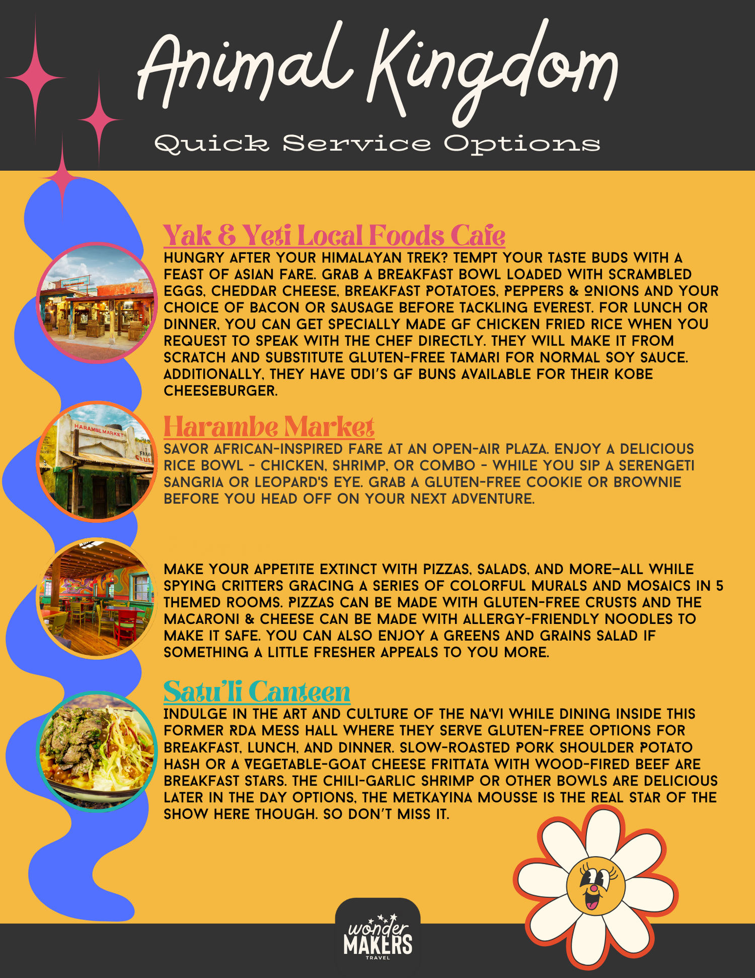 Colorful menu board showcasing quick service dining locations at Disney's Animal Kingdom.