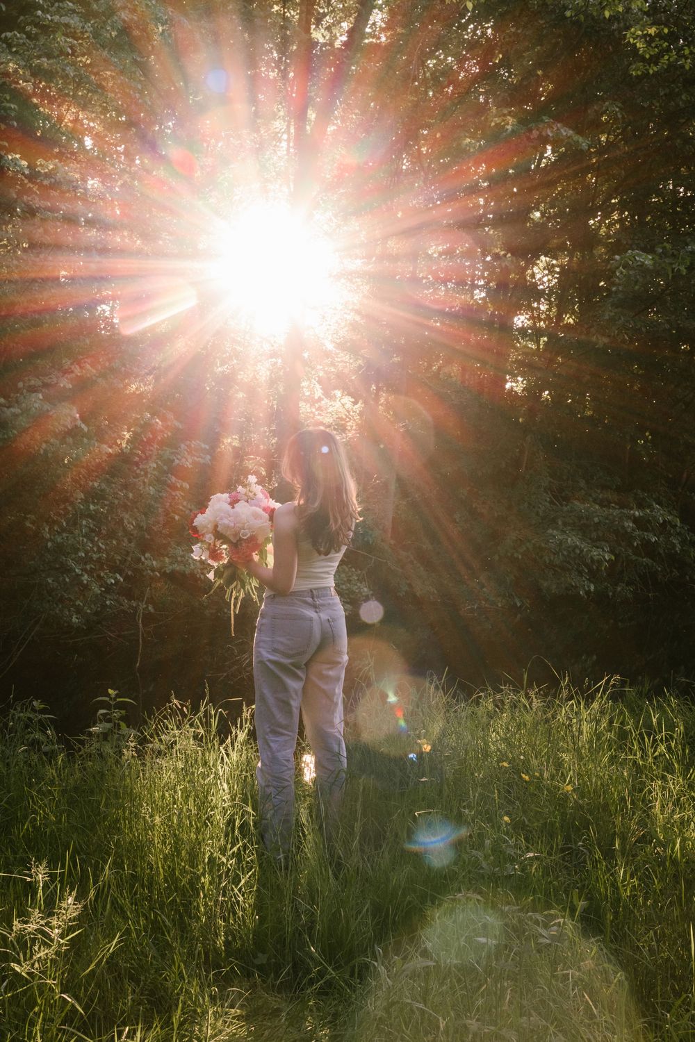 A silhouetted figure stands in tall grass during golden hour as sunbeams burst through trees creating a dramatic starburst effect.