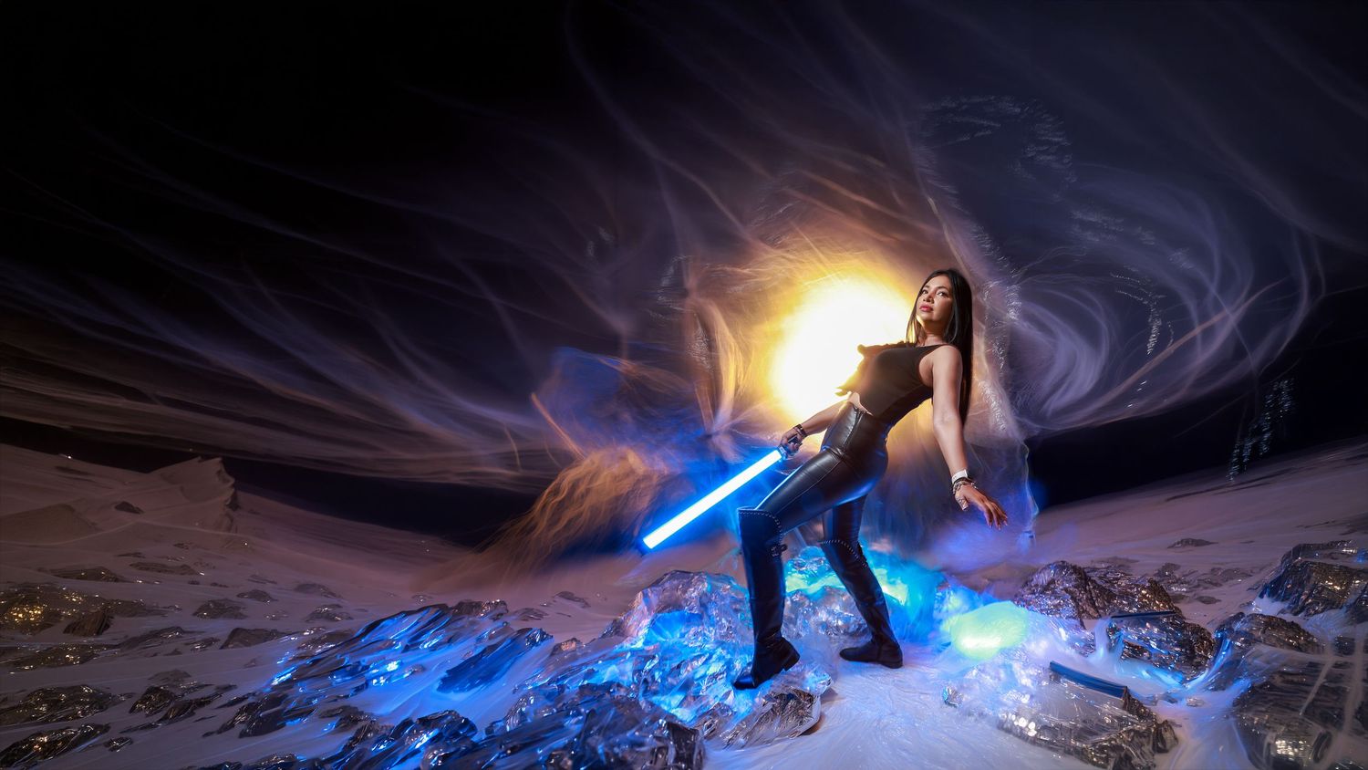 Superhero warrior in red and gold armor stands with crossed arms against cosmic background with magical lighting effects.