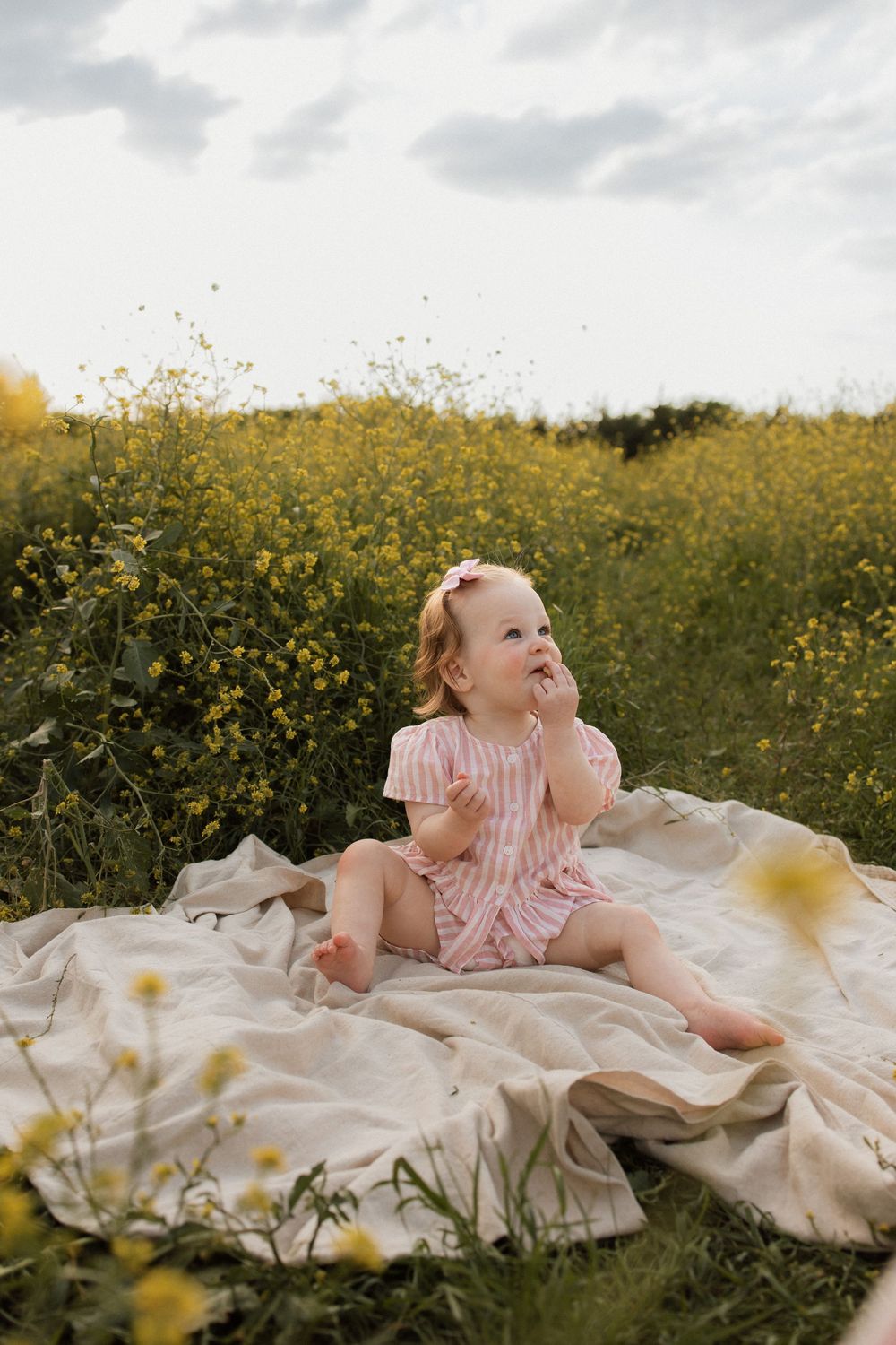 Little one in pink dress sitting on blanket surrounded by blooming yellow wildflowers on sunny day.