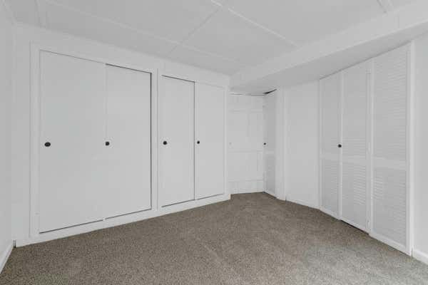 Unfinished basement room with gray carpet, white walls, and multiple built-in white storage closets.
