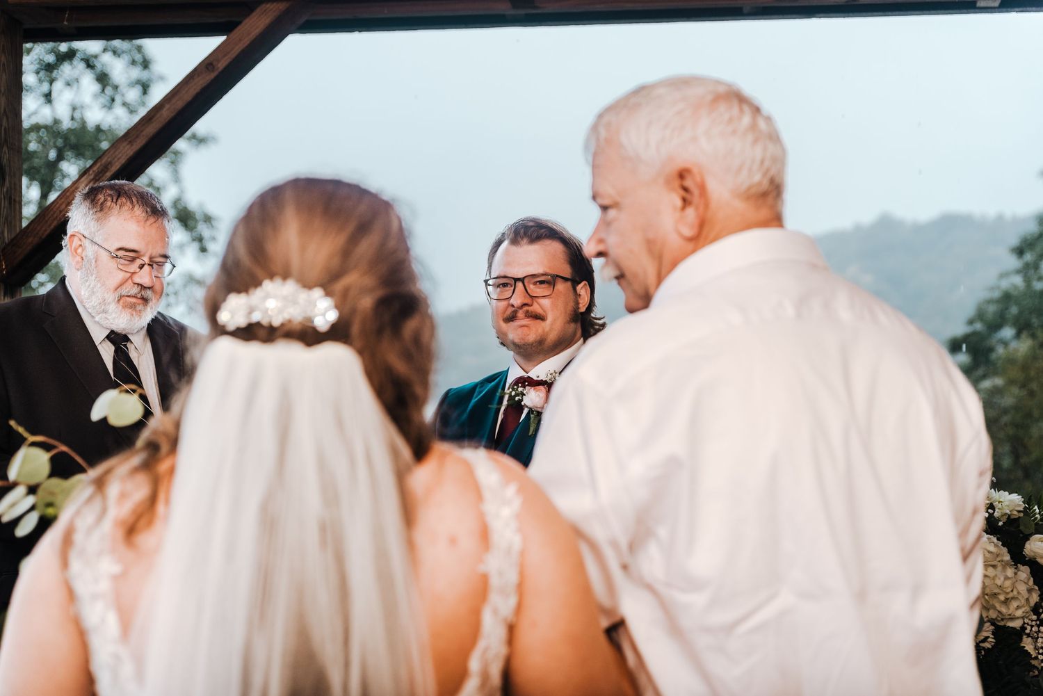 groom sees bride coming down the aisle | Wedding in Seneca Rocks, WV