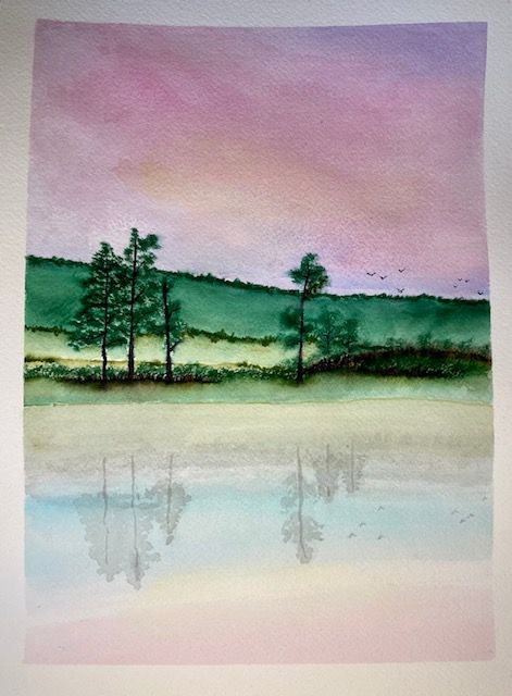 Watercolor series showing misty landscape with trees reflected in still water under pink sky.