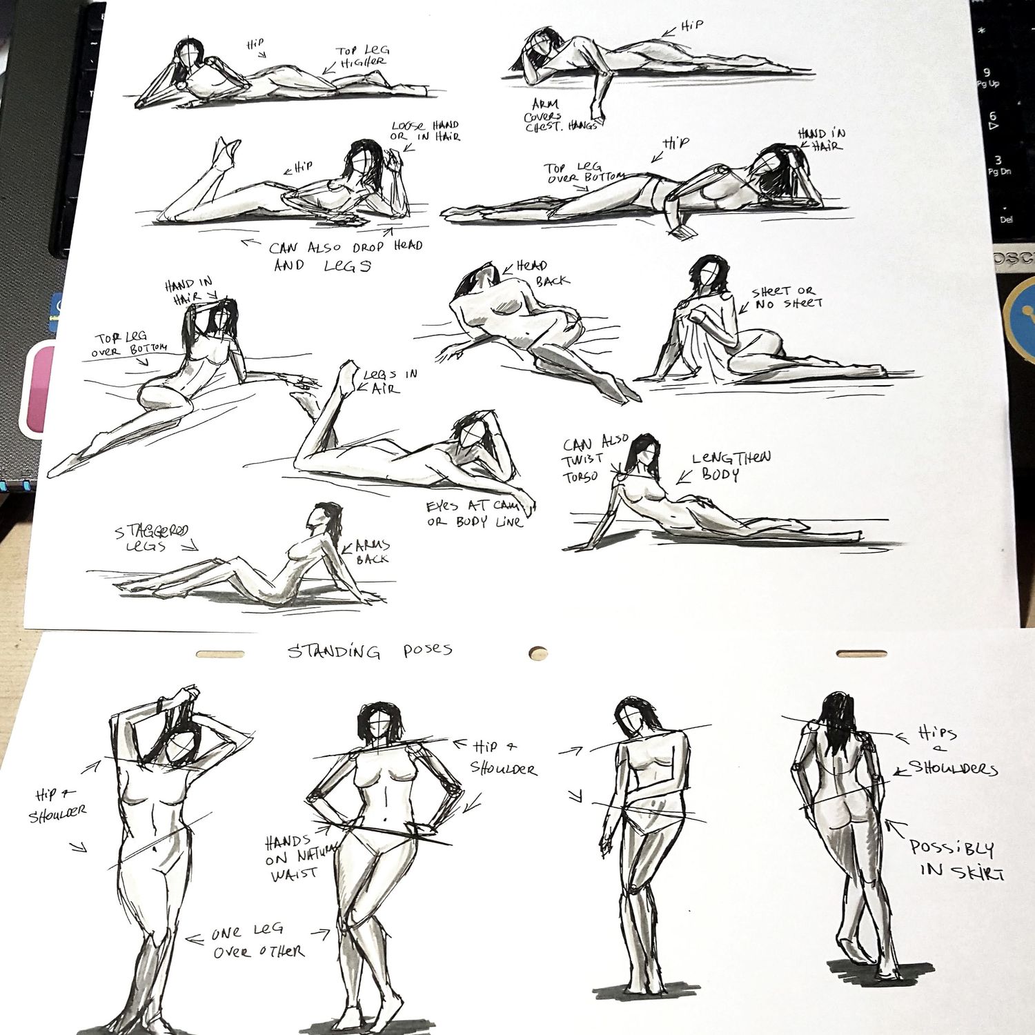 Sketch study sheet showing various reclining and standing figure poses with handwritten notes and annotations.