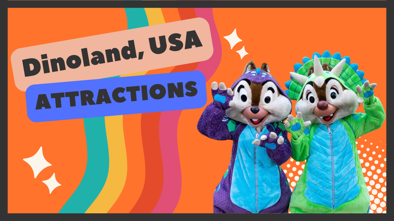 A sequence of colorful retro-style theme park signage and cartoon characters against orange and rainbow backgrounds.