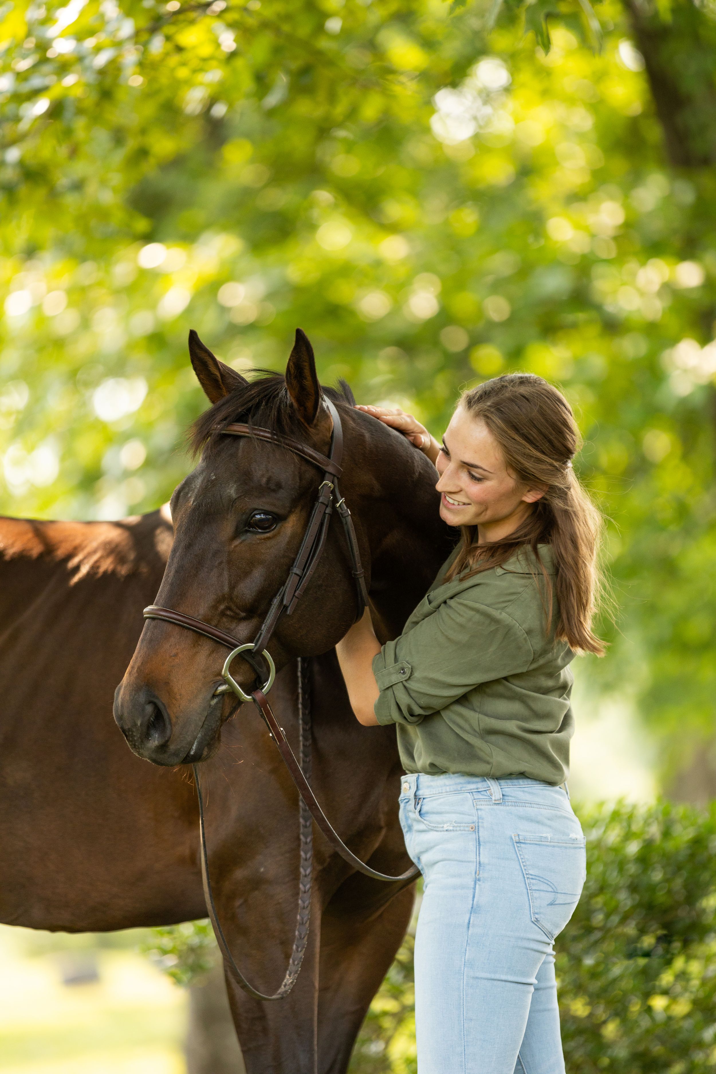 A bay horse with bridle receives affection in a sunlit forest setting.