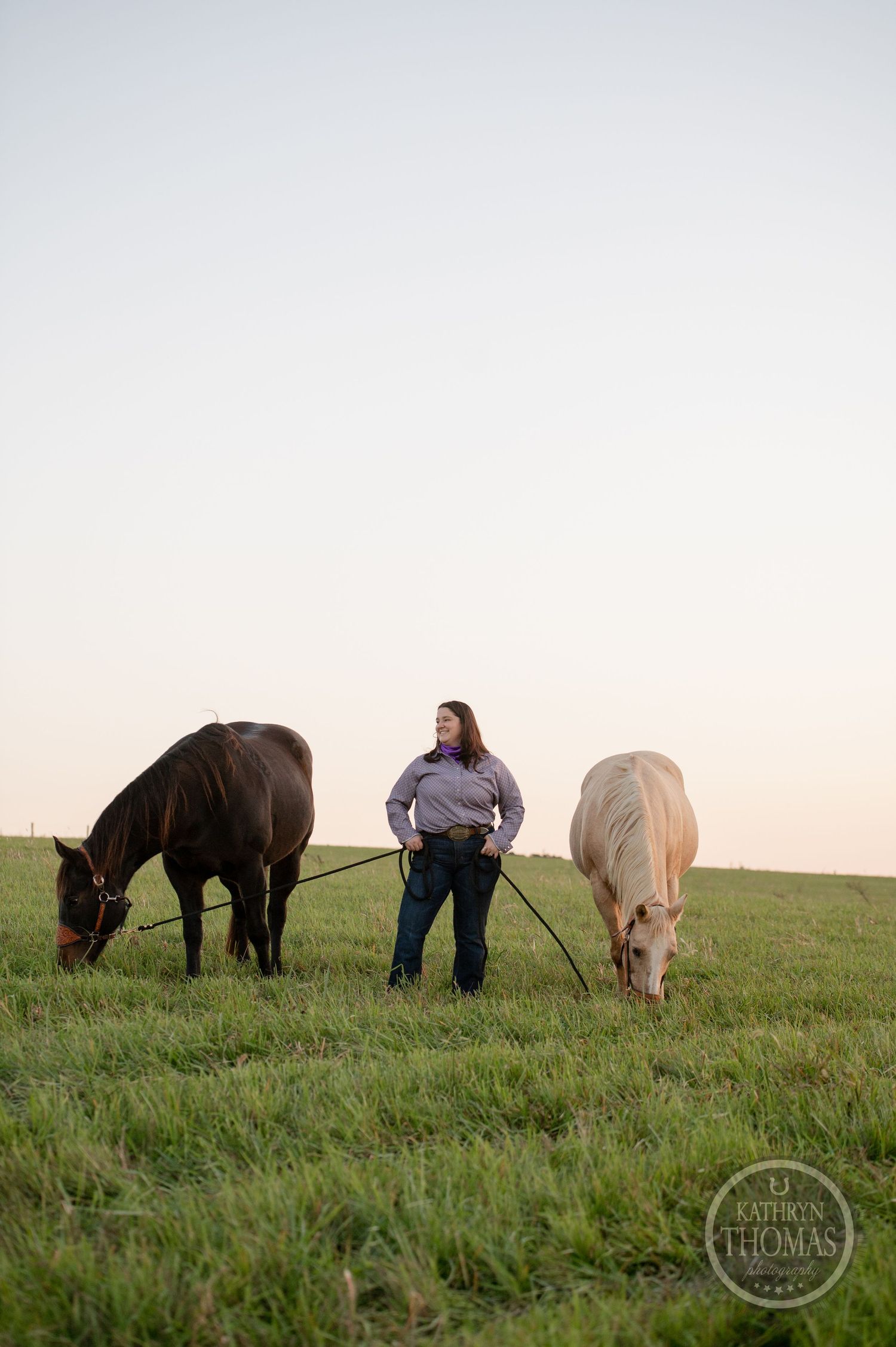 Two horses grazing in a green pasture with their handler between them at sunset.