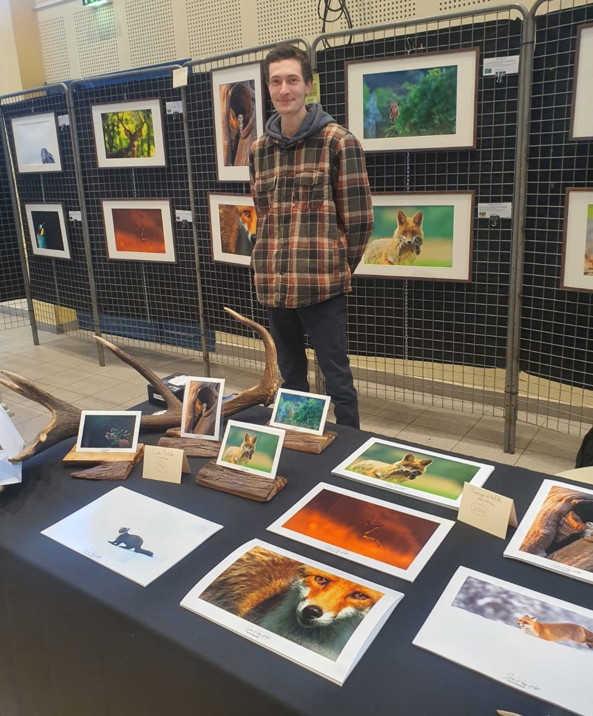 Wildlife photography exhibition with prints displayed on mesh panels and table.