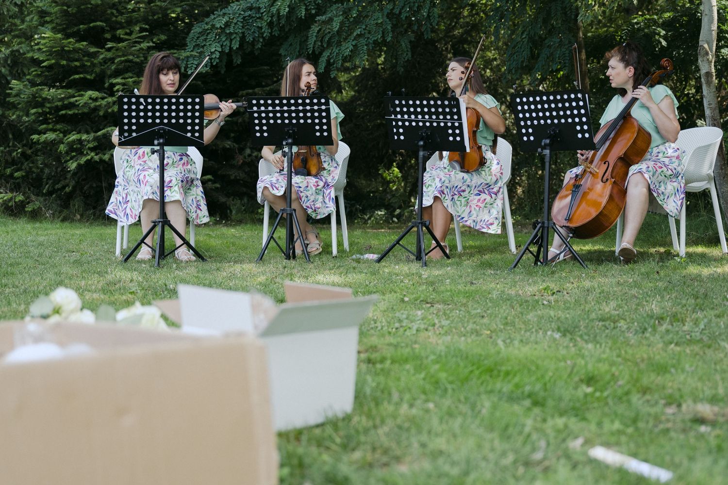 String quartet musicians perform outdoors on white garden chairs with music stands during an outdoor event.