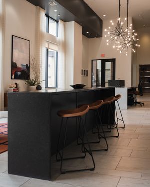 Modern salon interior with starburst chandelier, black counter bar, brown leather barstools and light hardwood flooring.