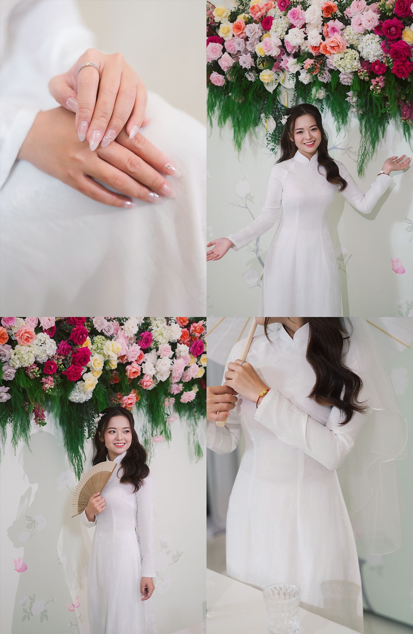 Elegant white ao dai dress with modern floral backdrop featuring pink and white blooms and greenery.