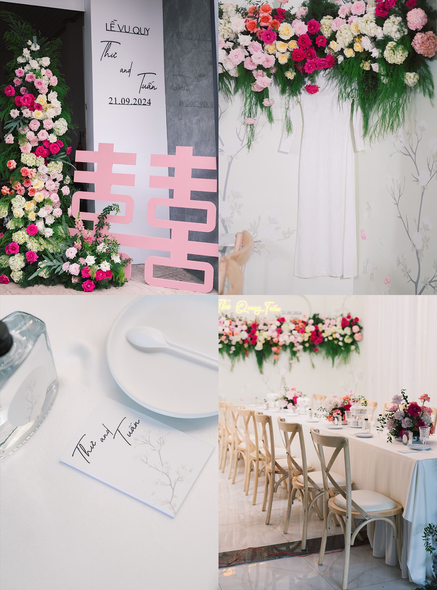 Elegant wedding decor collage featuring pink and white floral arrangements, table settings, and a modern Chinese love symbol.