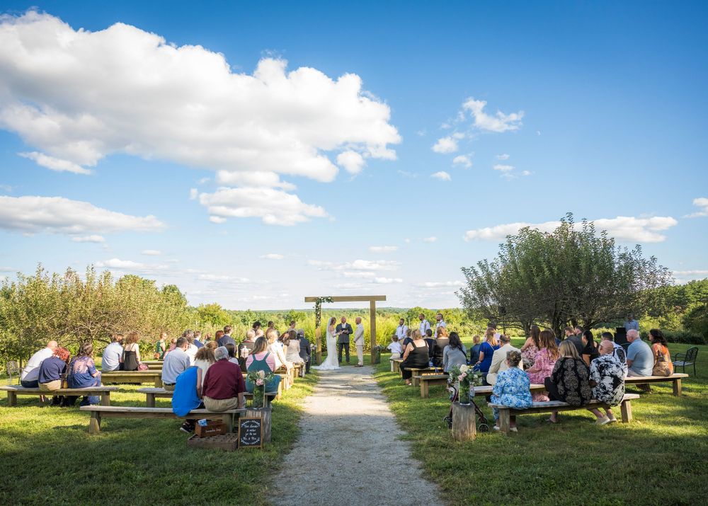 Outdoor wedding guests gather at wooden picnic tables beneath a bright blue sky with scattered clouds.