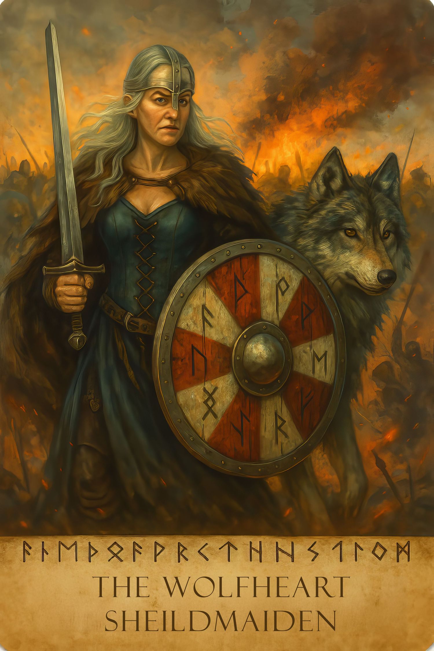 A medieval warrior stands with sword and shield against a fiery orange sky with Norse runes and text below.