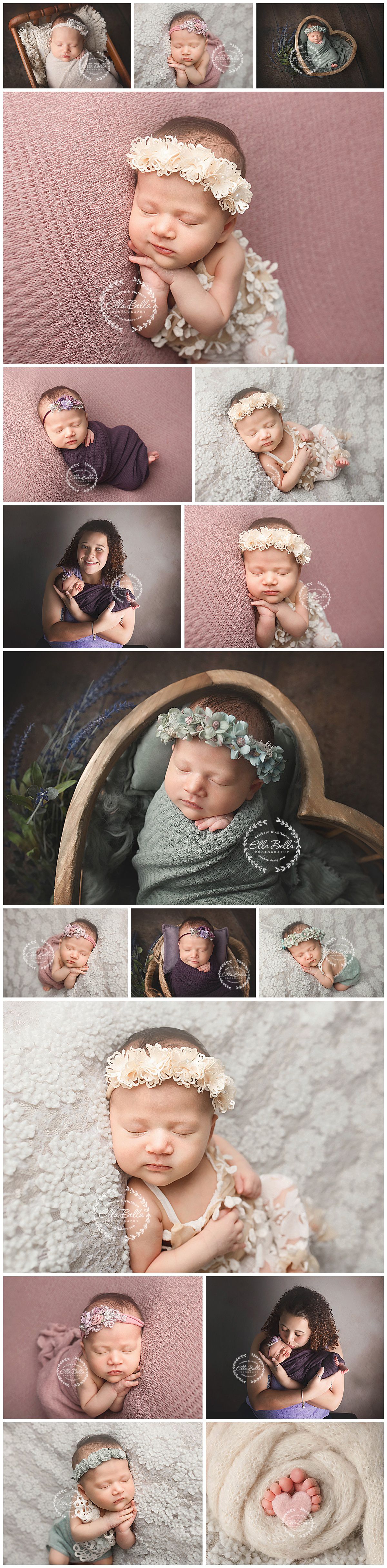 A collection of gentle newborn photography portraits featuring soft textures, delicate headbands, and muted pastel colors.