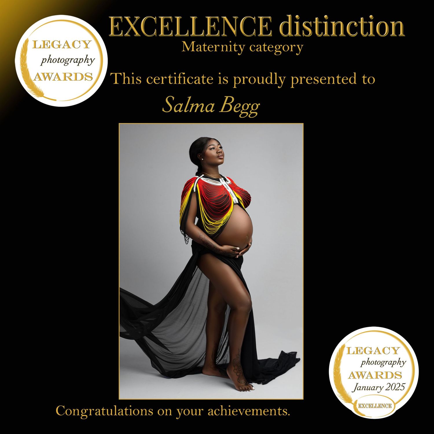 Award-winning maternity photography collage showing elegant poses in black dress against neutral backgrounds.
