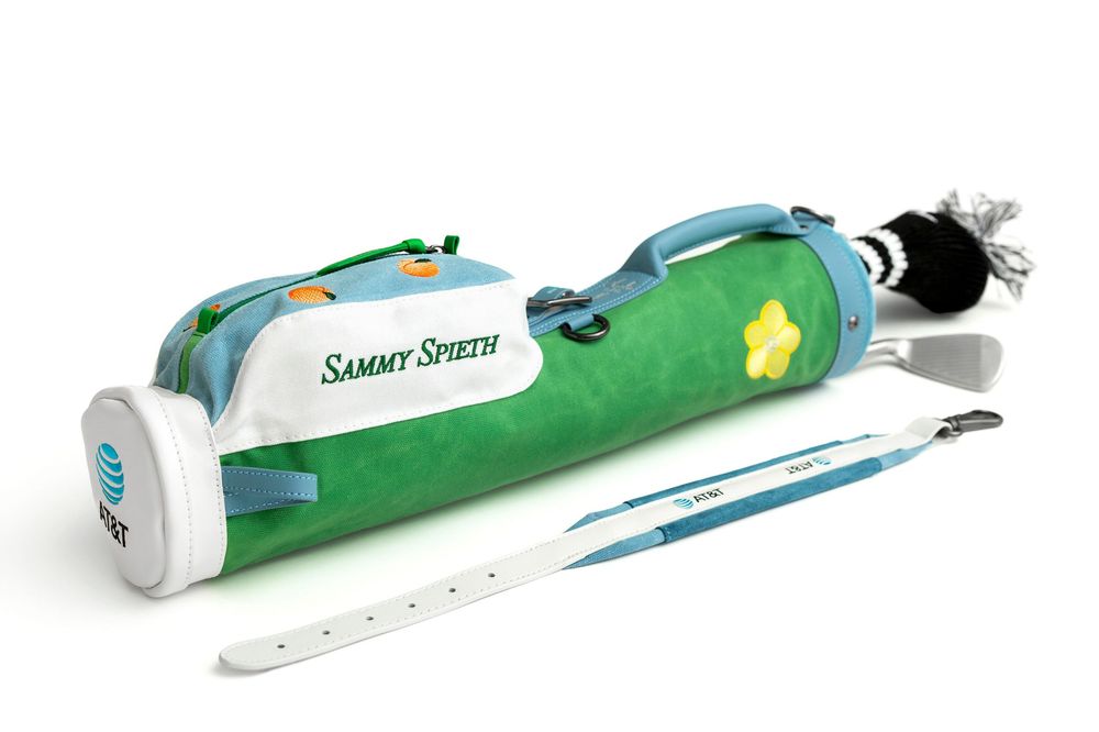 Sammy Spieth kids golf bag set in green and white with junior golf clubs included.