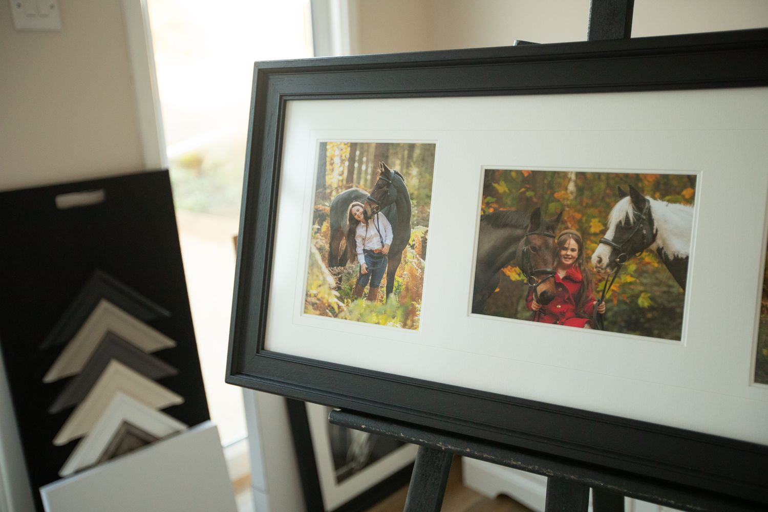 A framed double photo display showing outdoor autumn photography with muted earth tones in a black frame.
