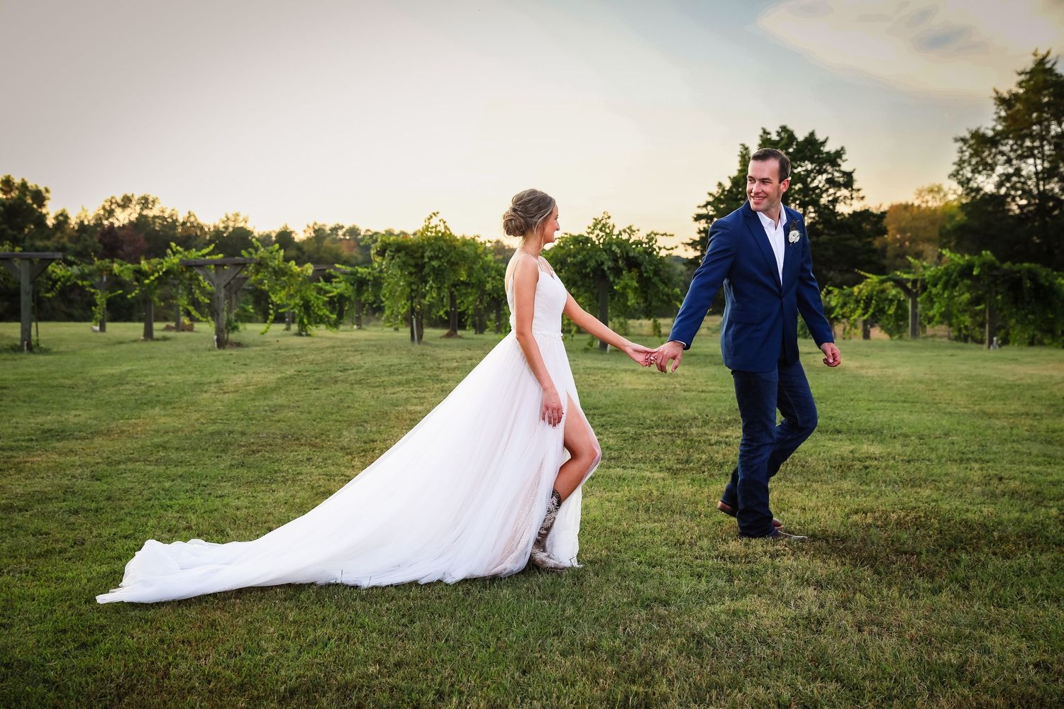 Wedding Day. Bride and Groom walking together into a new adventure.