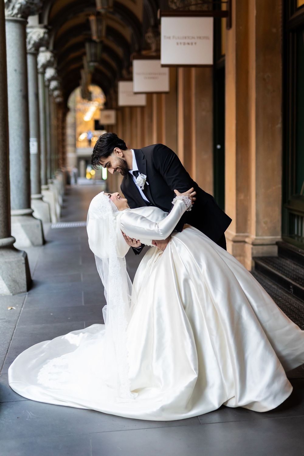 Creative and Natural candid portrait of newlyweds  and smiling after their wedding ceremony in Sydney, Muslim female wedding