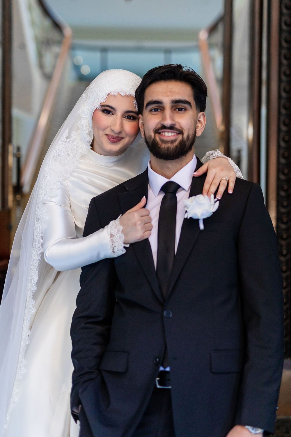 Creative and Natural candid portrait of newlyweds  and smiling after their wedding ceremony in Sydney, Muslim female wedding