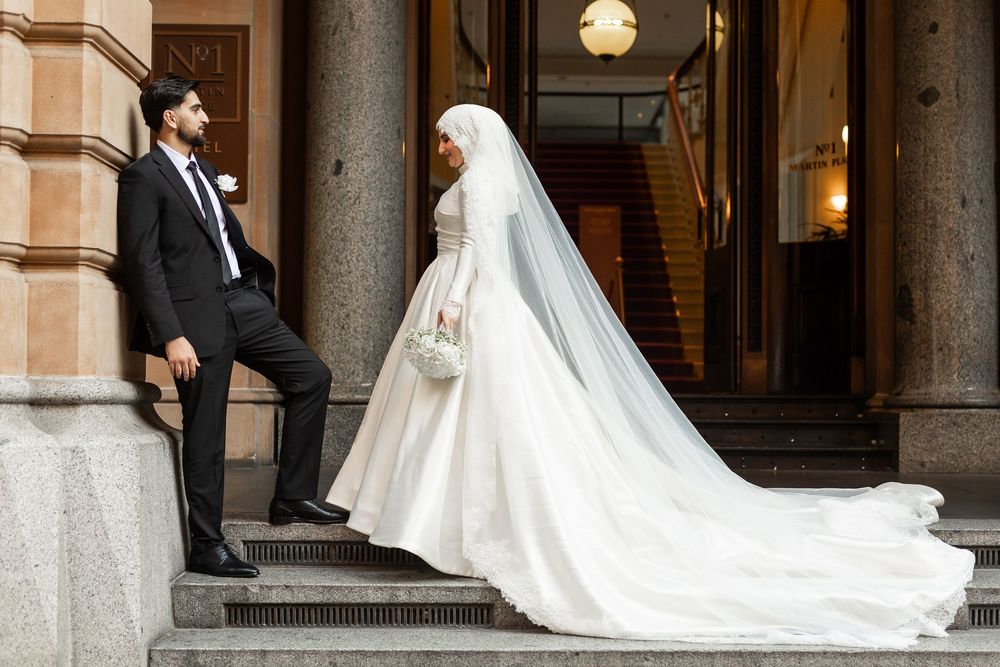 Creative and Natural candid portrait of newlyweds  and smiling after their wedding ceremony in Sydney, Muslim female wedding