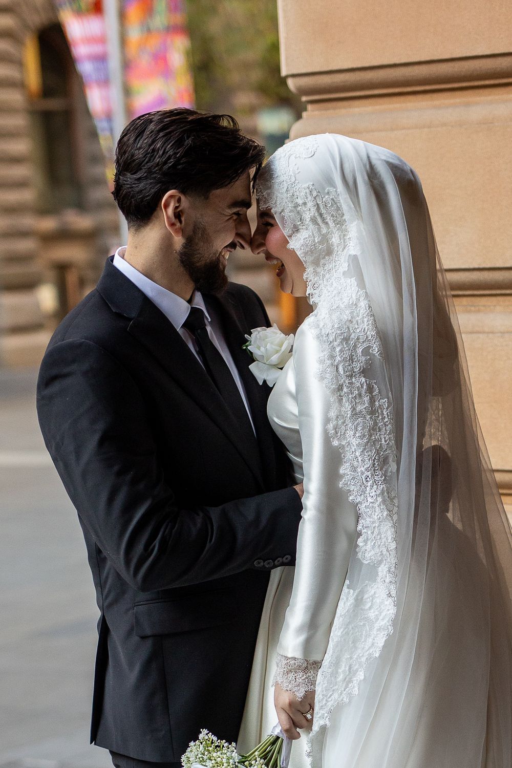 Creative and Natural candid portrait of newlyweds  and smiling after their wedding ceremony in Sydney, Muslim female wedding