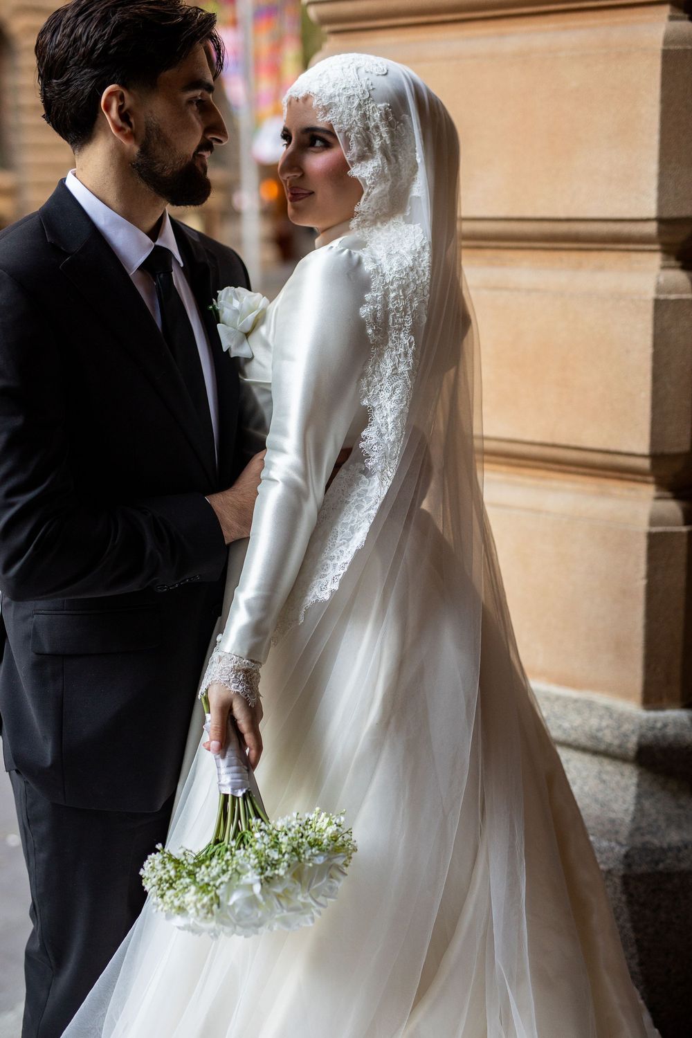Creative and Natural candid portrait of newlyweds  and smiling after their wedding ceremony in Sydney, Muslim female wedding