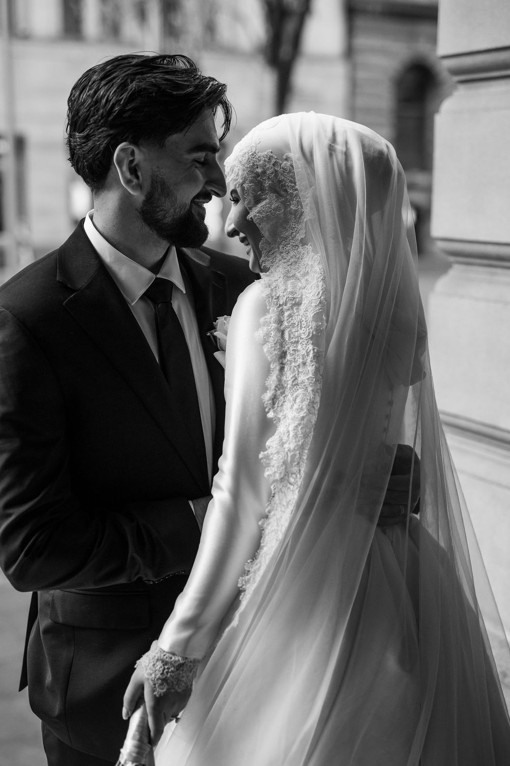 Creative and Natural candid portrait of newlyweds  and smiling after their wedding ceremony in Sydney, Muslim female wedding