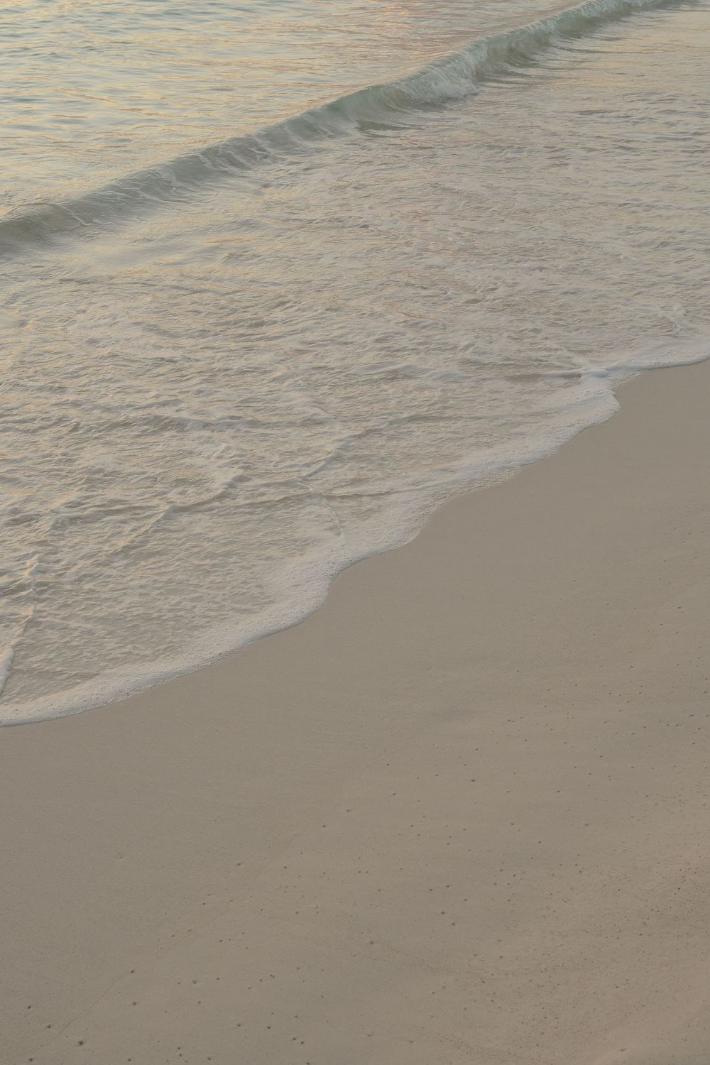 Serene beach shoreline where gentle waves meet pristine sand during sunset or sunrise.