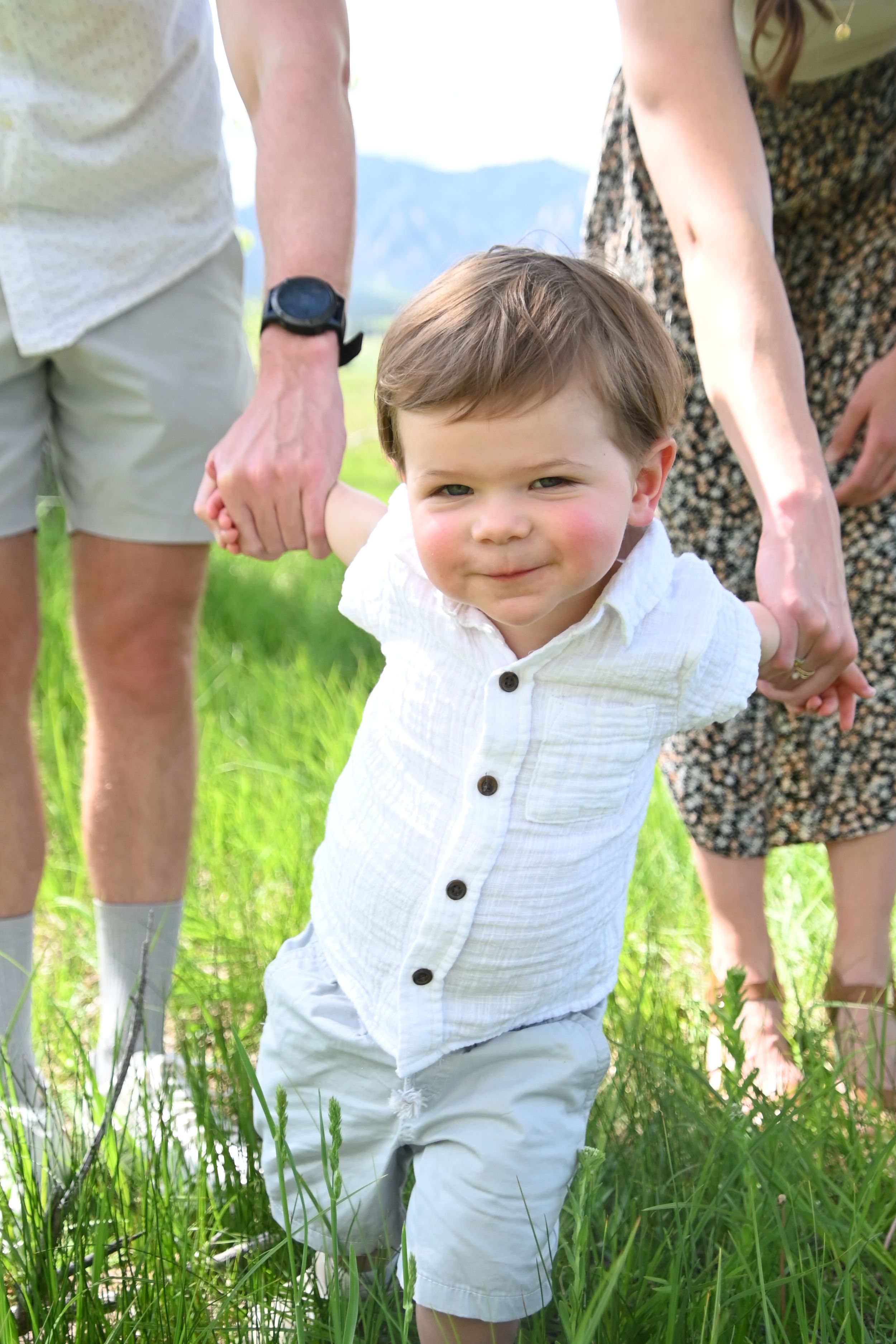 Small child in white button-down shirt holds hands with adults while standing in green grass with mountains in background.