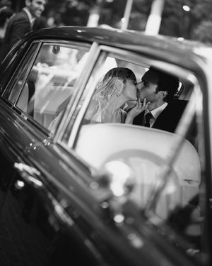 Monochrome images show progression scenes of a couple sitting in car backseat while embracing and sharing intimate moments.
