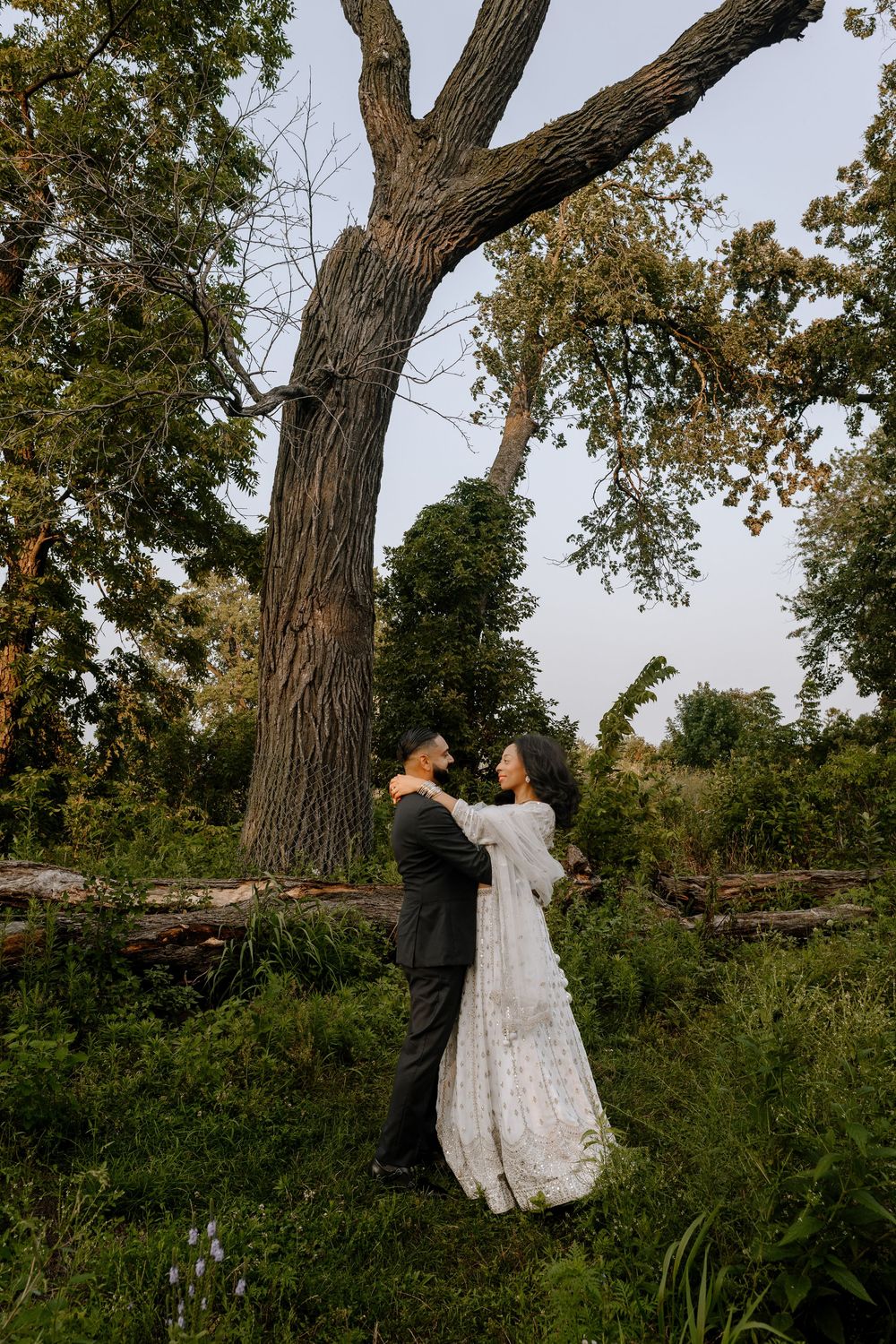 A couple dances beneath a majestic old tree in a natural outdoor setting during golden hour.