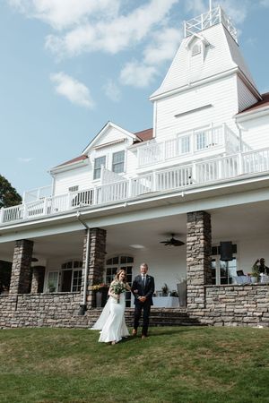 A white wedding venue building with stone accents and wraparound porch captured in a multi-panel sequence.