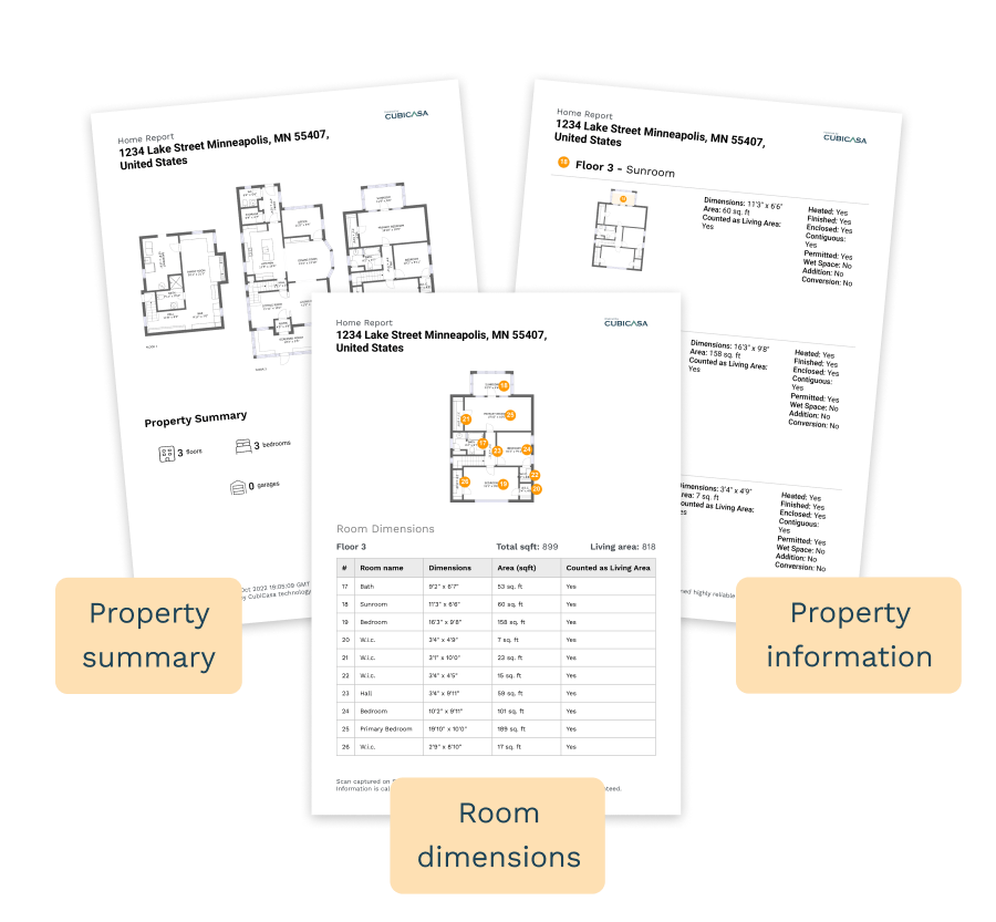 Architectural diagrams displaying property information, dimensions, and room layouts across multiple pages with highlighted sections.