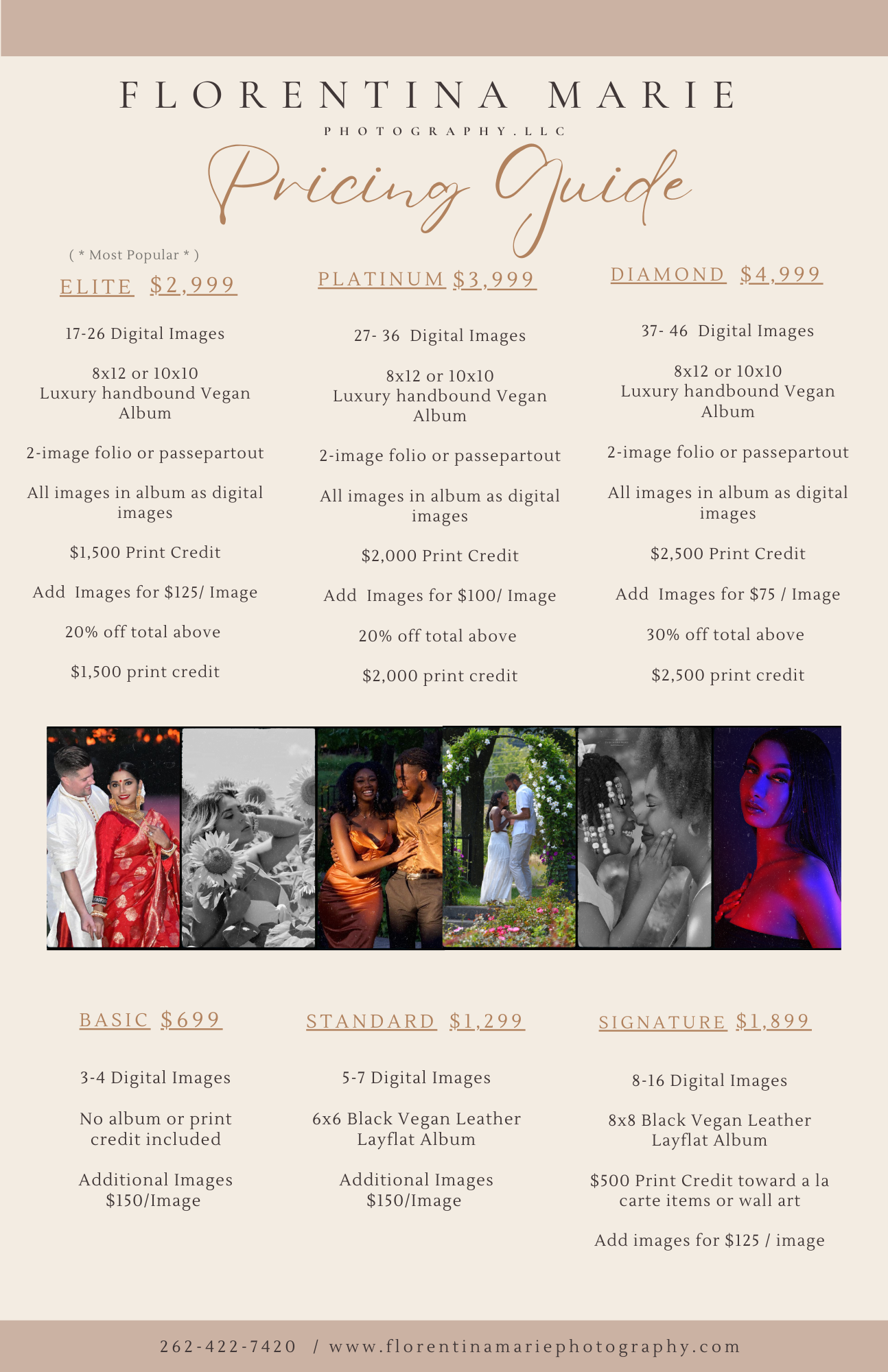 Photography pricing guide displaying different photo packages with sample portfolio images and pricing tiers.