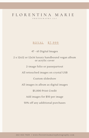 A pricing menu for Florentina Marie Photography listing royal package details and costs.