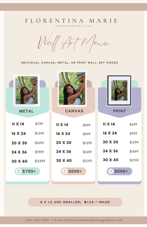 Photography pricing menu showing wall art options in metal, canvas and print with various size options and prices.