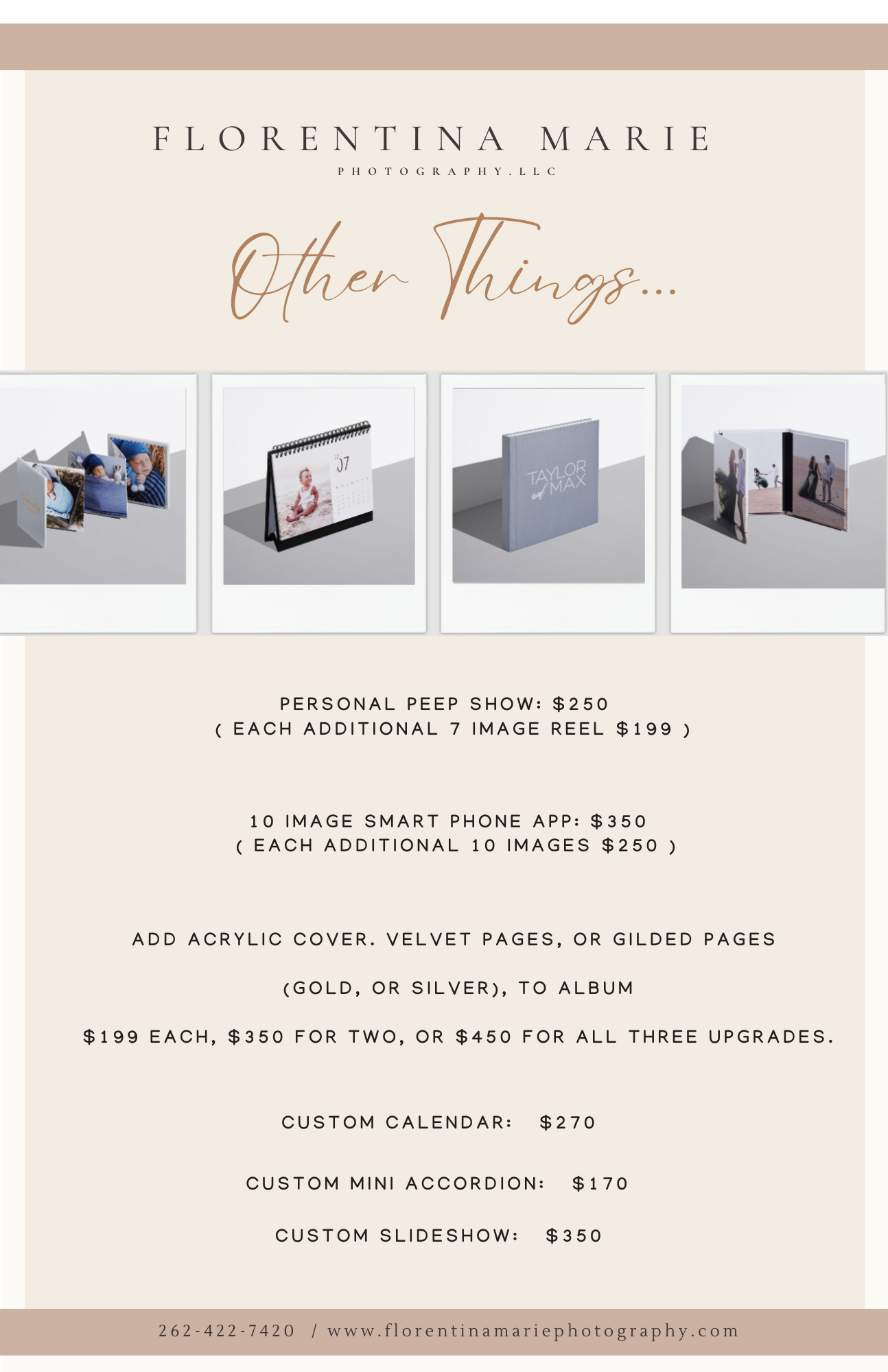 Photography product menu showing custom albums, slideshows, and presentation options with pricing.