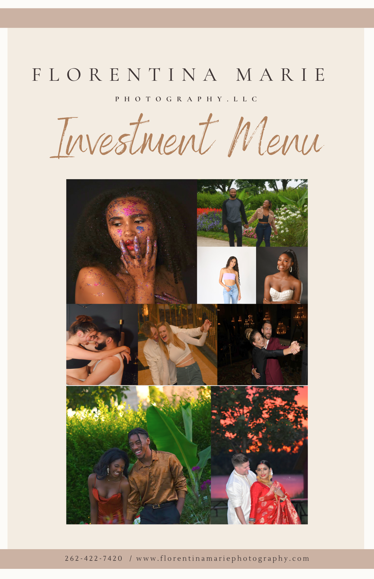 Investment menu for photography services featuring a collage of artistic portrait samples.